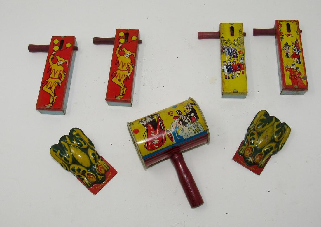 Kirchhof Frogs Circus Joker Noisemakers: All need a light cleaning and may have some light rust. Large one in center has small ding