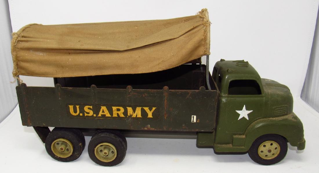 Louis Marx Army Truck: Approx 19" long. Has damge to driver side bumper and long crack in fender