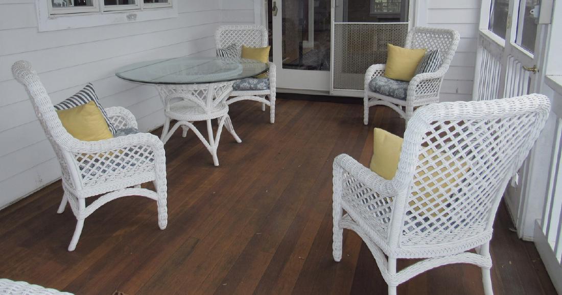 Wicker Patio Set 4 Chairs and Glass Top Table: Table is approx 48" in diameter. All in nice condition