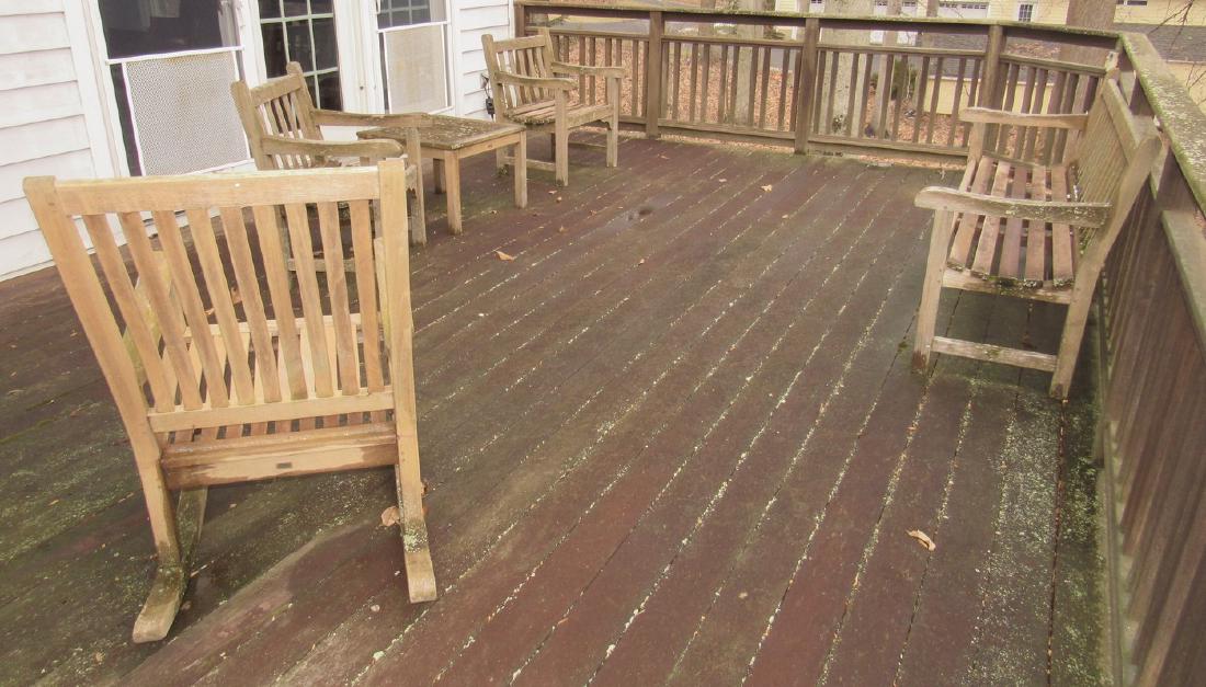 Gloster Wooden Patio Furniture: Lot includes rocker, bench, 2 chairs, and table. Needs to be cleaned