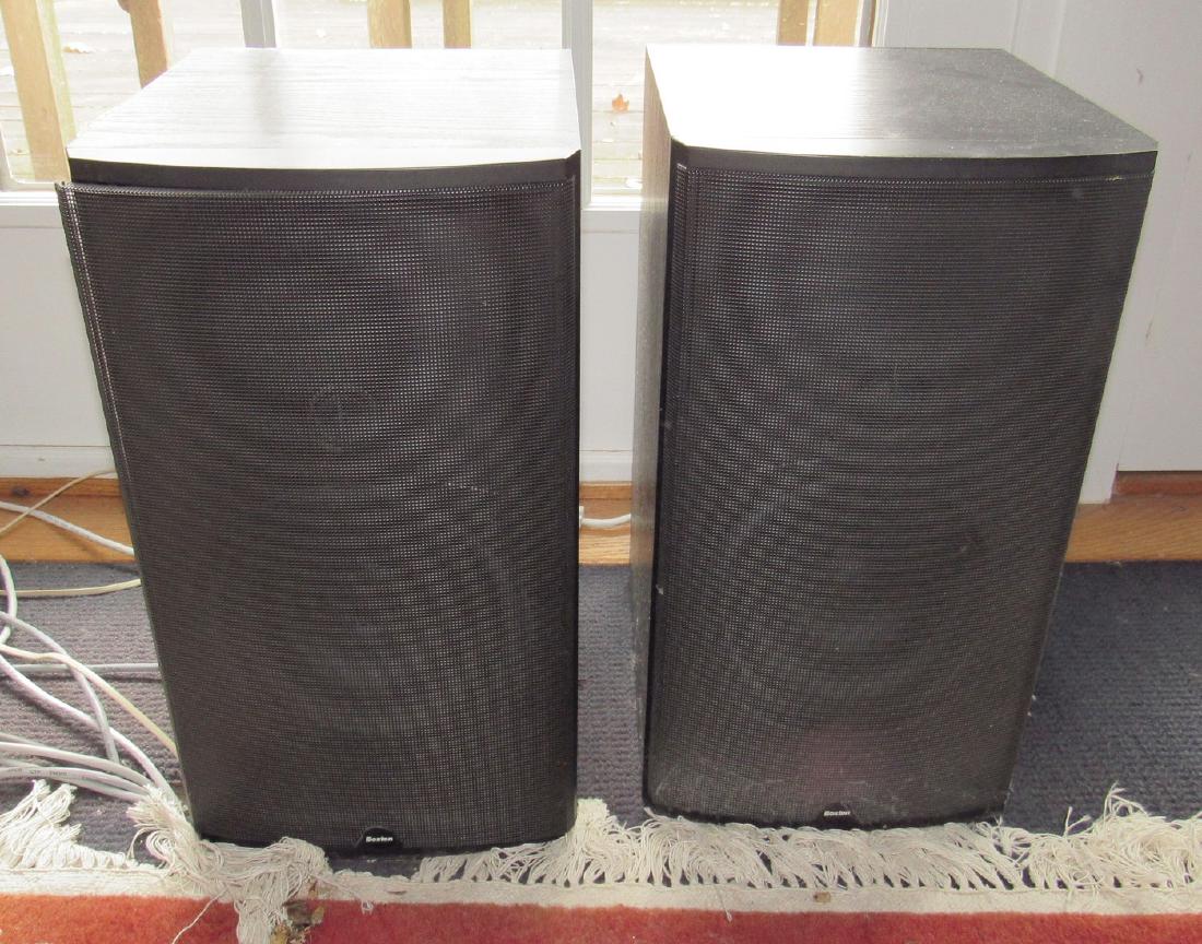 Boston CR8 Speakers: Approx 15" tall. One of the front screens needs to be put back on properly. Sold in untested condition