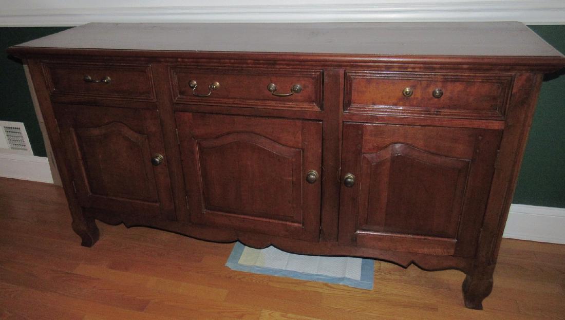 Sideboard: Approx 18" x 66" x 34" tall. Missing one drawer pull