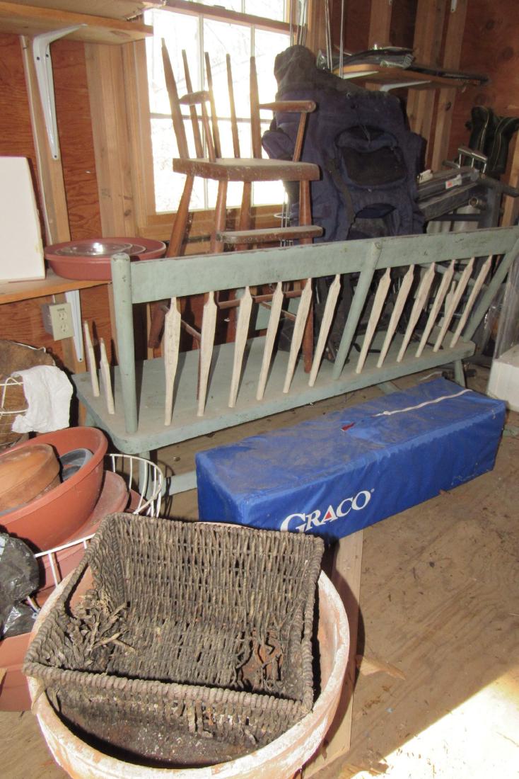 Back Pack Golf Clubs Misc Shed Contents: Lot includes everything pictured. Rocker settee has damage. No items for the pool are to be removed