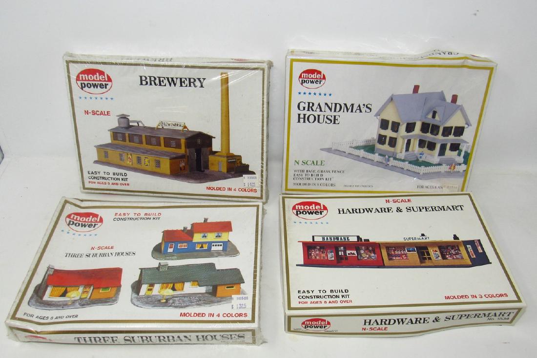 Model Power Brewery Suburban Houses Grandmas House: N Scale Trail Kits.All are sealed, but the hardware store that just has pieces in it. All Boxes have dents in them.