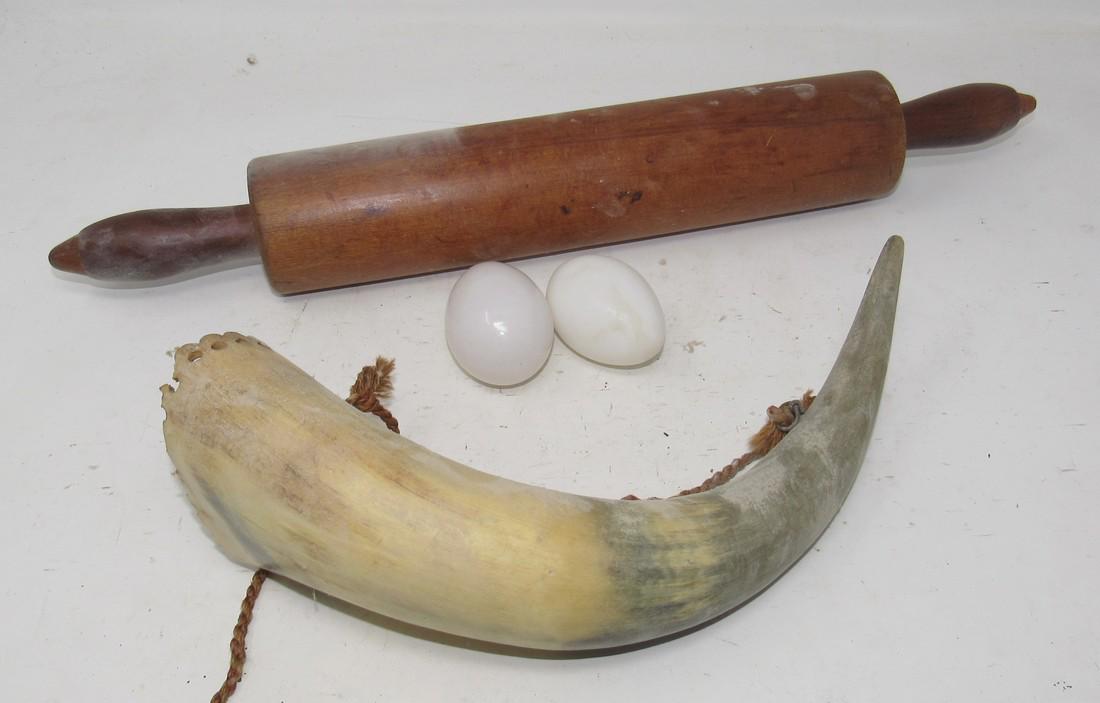 Rolling Pin Glass Eggs and Horn: Rolling Pin is approx 19 1/2" long