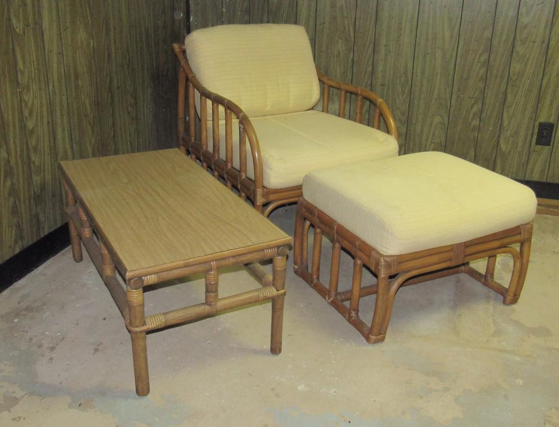 Bamboo Chair Ottoman and Table: Table is approx 18" x 36" x 16" tall. Fabric is torn on ottoman.