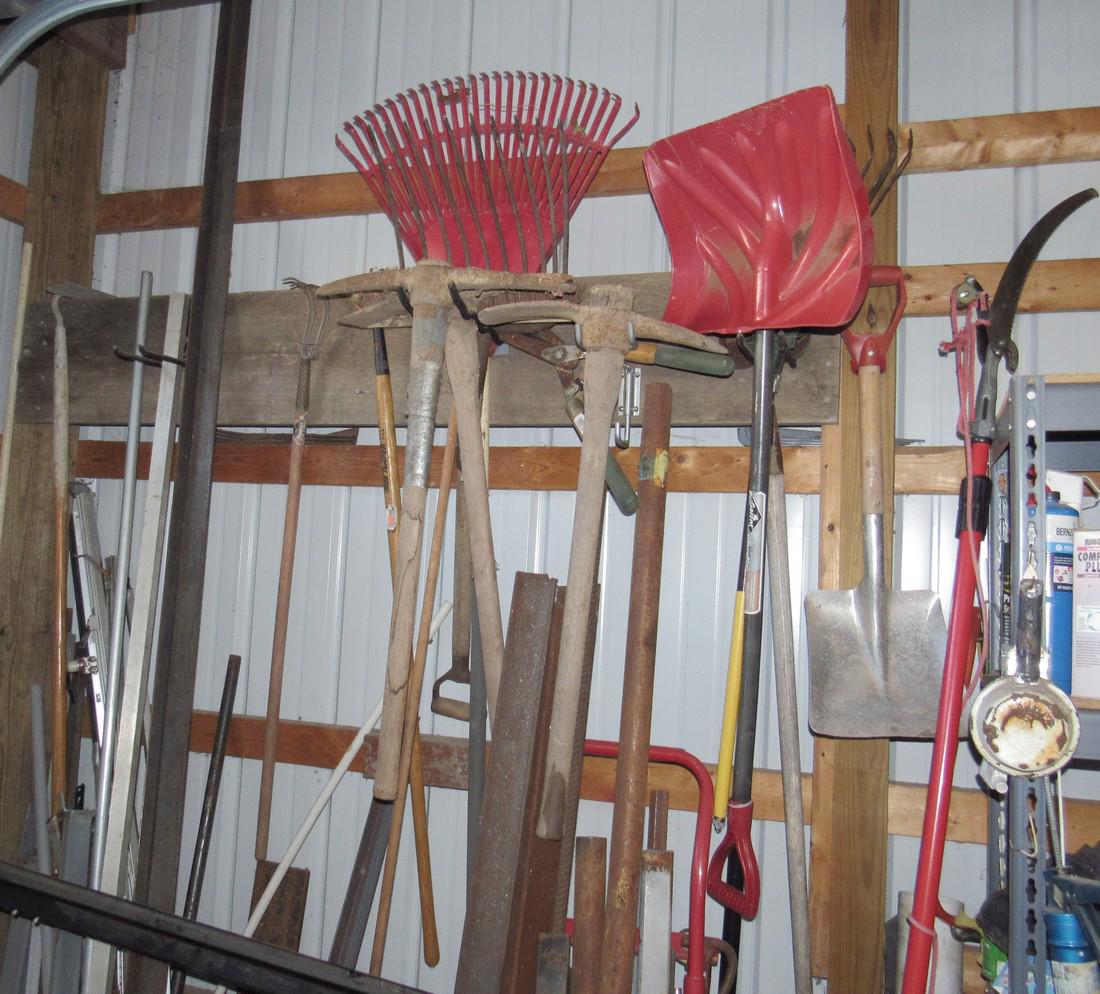 Garden Tools Shovels Picks Rakes: Lot includes all tools hanging. DOES NOT INCLUDE STEEL THAT IS LEANING AGAINST WALL