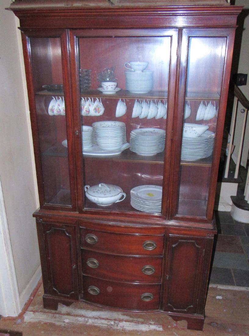 Mahogany China Sideboard Server Chairs Credenza Table: There are 6 chairs ( 1 is an arm chair). In nice condition. Just need a cleaning . Credenza is missing a drawer pull and has damage to foot. Table is approx 40" x 56". Does not include any items on fu