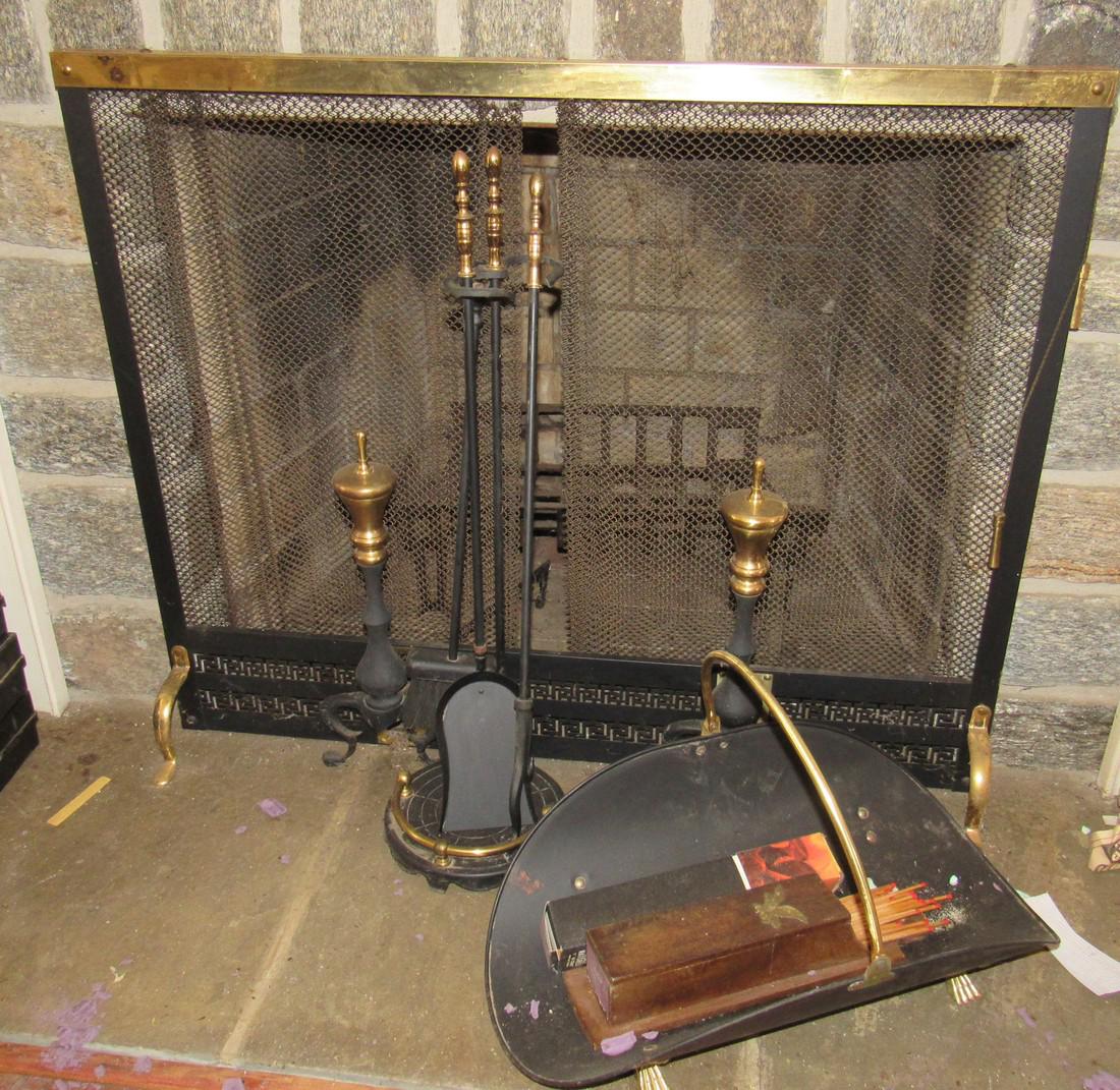 Fireplace Set Andirons Screen Log Holder: Getting all pictured. Screen is approx 31" x 38"