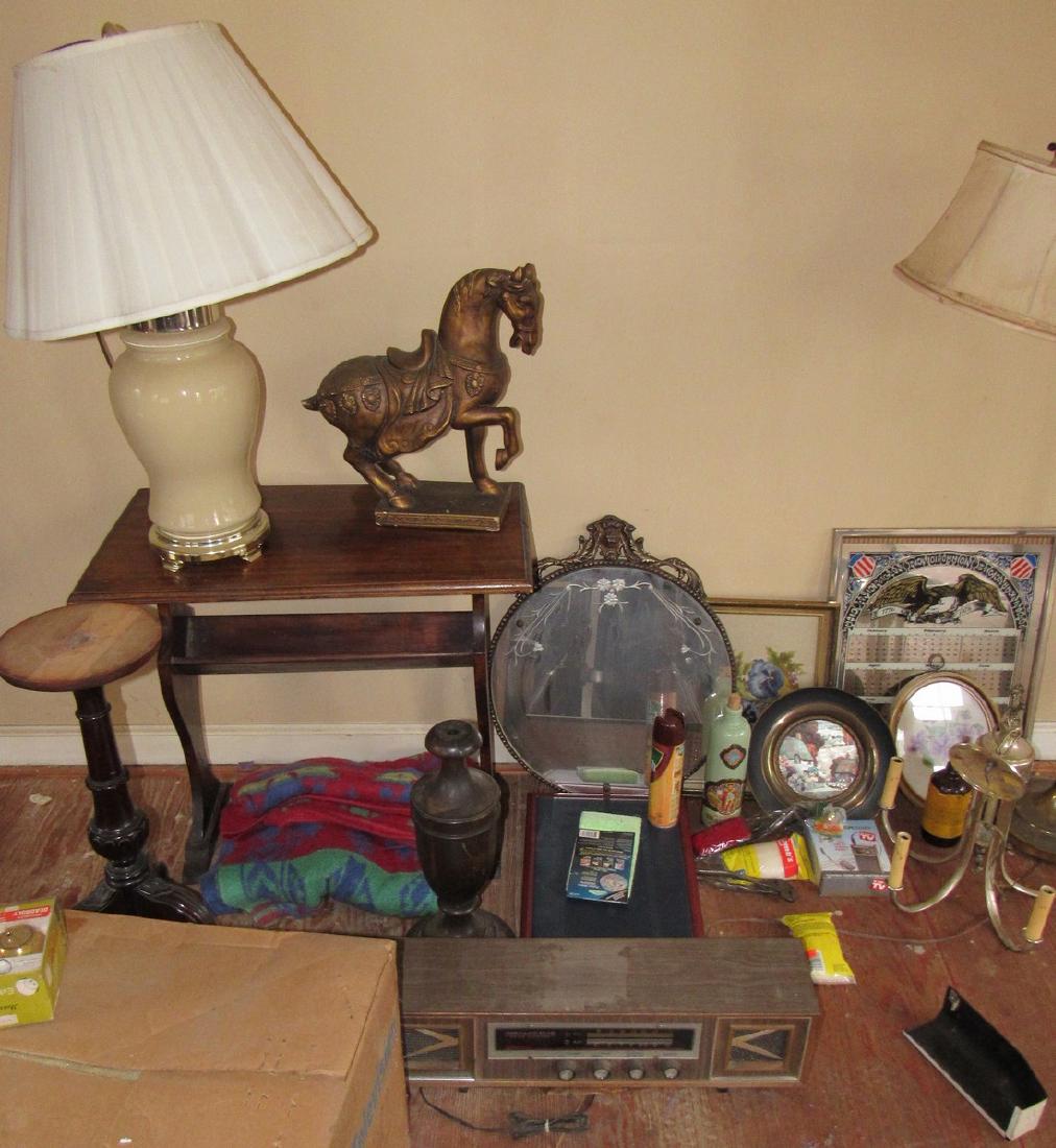 Table Floor Lamp Radio Candelabra and Misc: Plaster horse and mirror are damaged. Take what you want and leave the rest