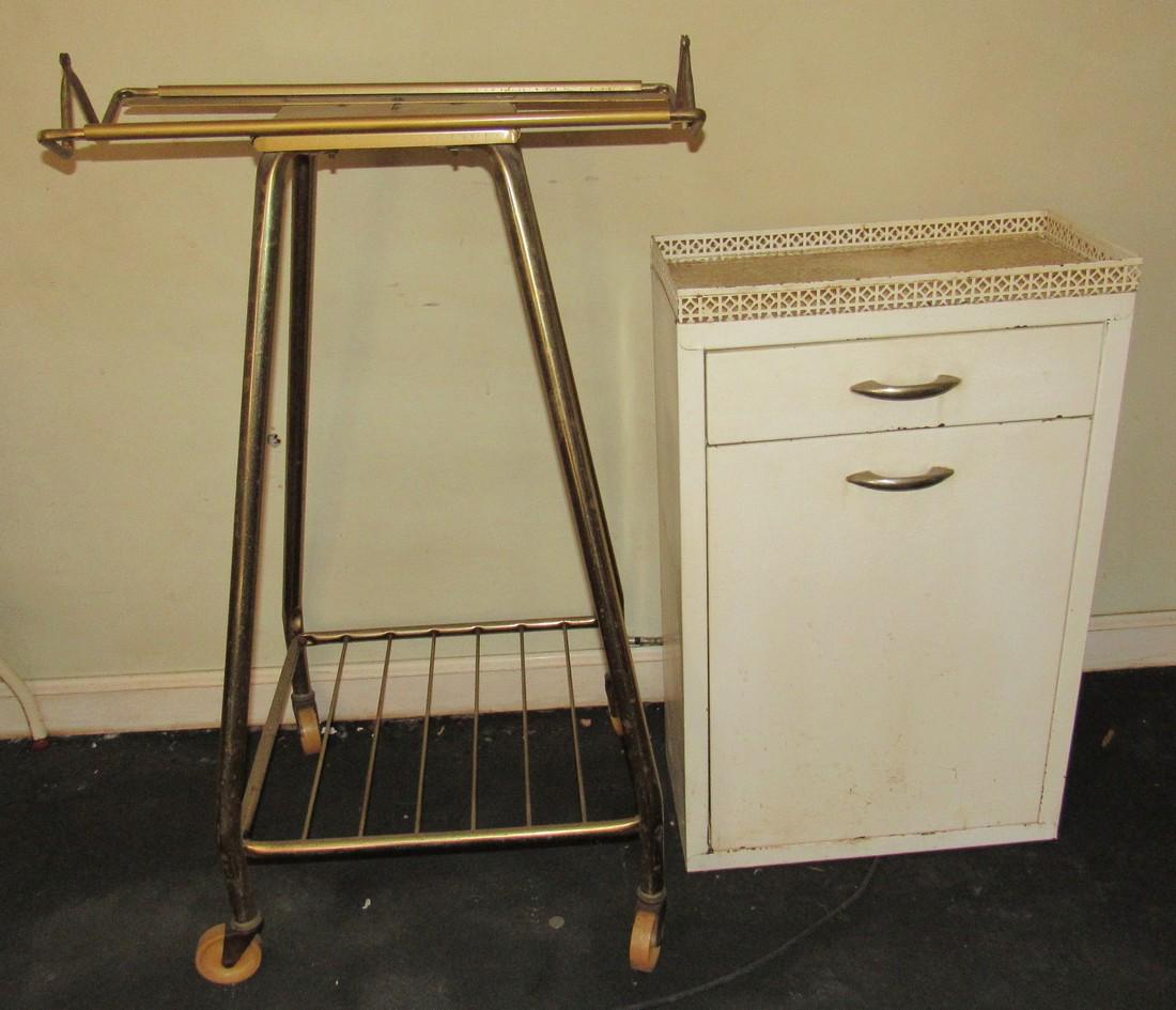 Rolling TV Cart and Vintage Metal Hamper Cabinet: Hamper / Garbage Cabinet is approx 9" x 18" x 29" tall