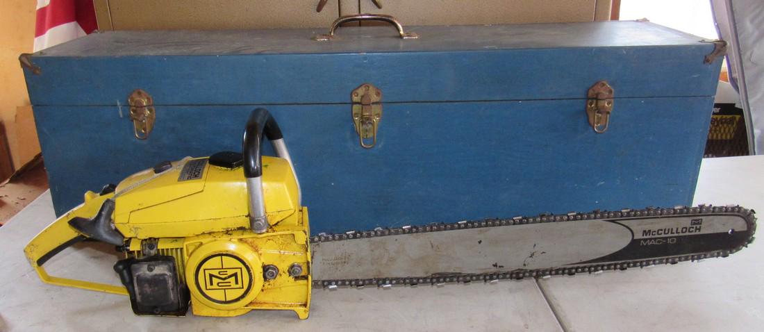 Vintage McCulloch 7-10 Chainsaw with 24" Bar: Rewind Coil is jammed. Also comes with wood box and new chain. Sold in untested condition