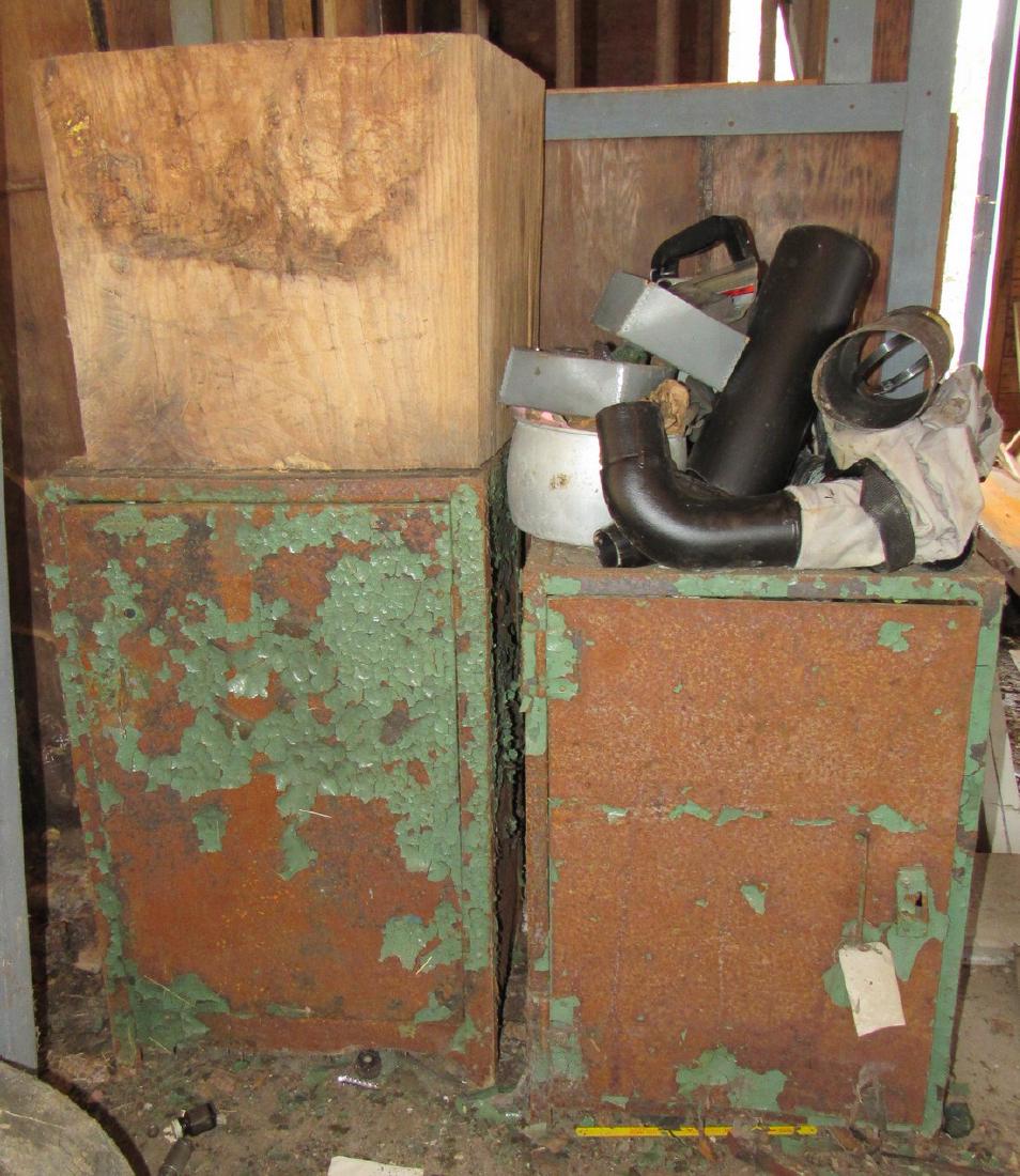 2 Parts Cabinets Grinding Wheels Files Contents: Lot includes both cabinets, contents, and items on top. Cabinet on left Is approx 21" x 15" x 34" tall.