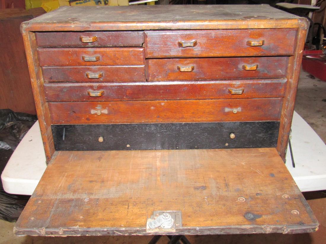 Machinist Box and Contents: Box is approx 10" x 20" x 12" tall. Drawers open and close rough. This does have wear, scratches, and light damage