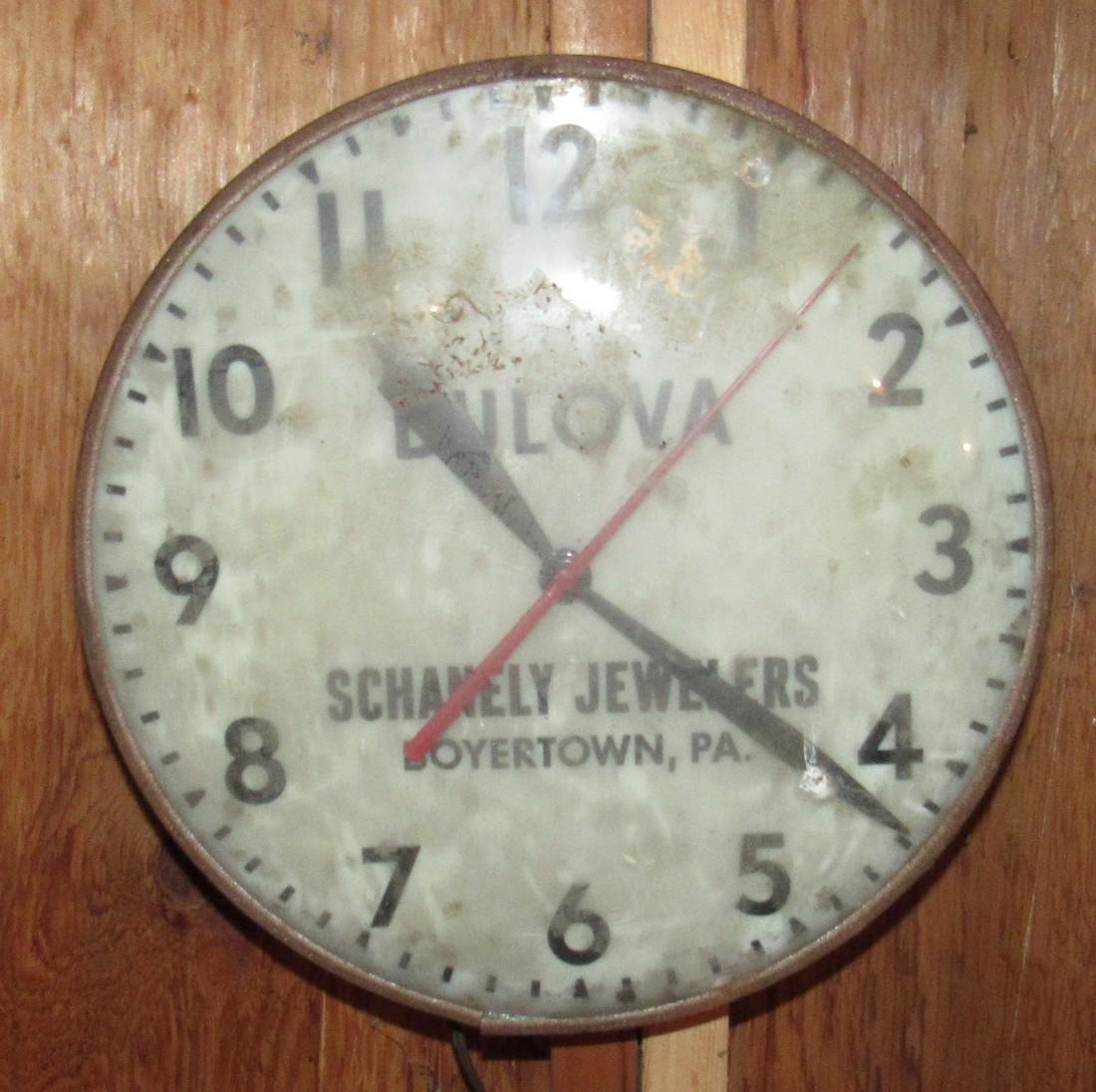 Schanely Jewelers Boyertown Pa Bulova Bubble Clock: Apprx 14" in diameter. No chips or cracks to lens. Sold in untested condition