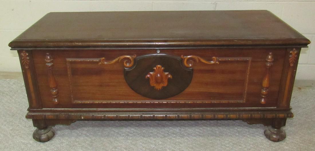 Cedar Chest: Approx 19" x 48" x 21 1/2" tall. Top has water stain and hinges need to be screwed back on.