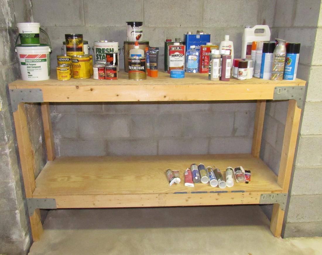 Workbenches Paints and Stains: Getting all pictured. Large work bench is approx 31" x 97" x 39" tall. They are located in the basement and will need to be taken apart to be removed. Take what you want and leave the rest