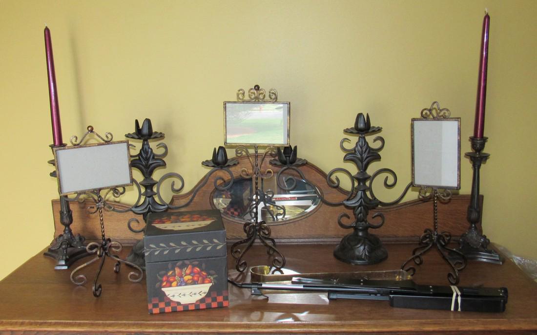 Metal Candelabras Candle Sticks Picture Frames Music: Getting all pictured on top of sideboard