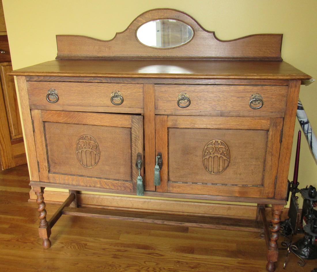 Oak Sideboard: Approx 18" x 48" x 46 1/2" tall. Nice condition. Does not include items in it