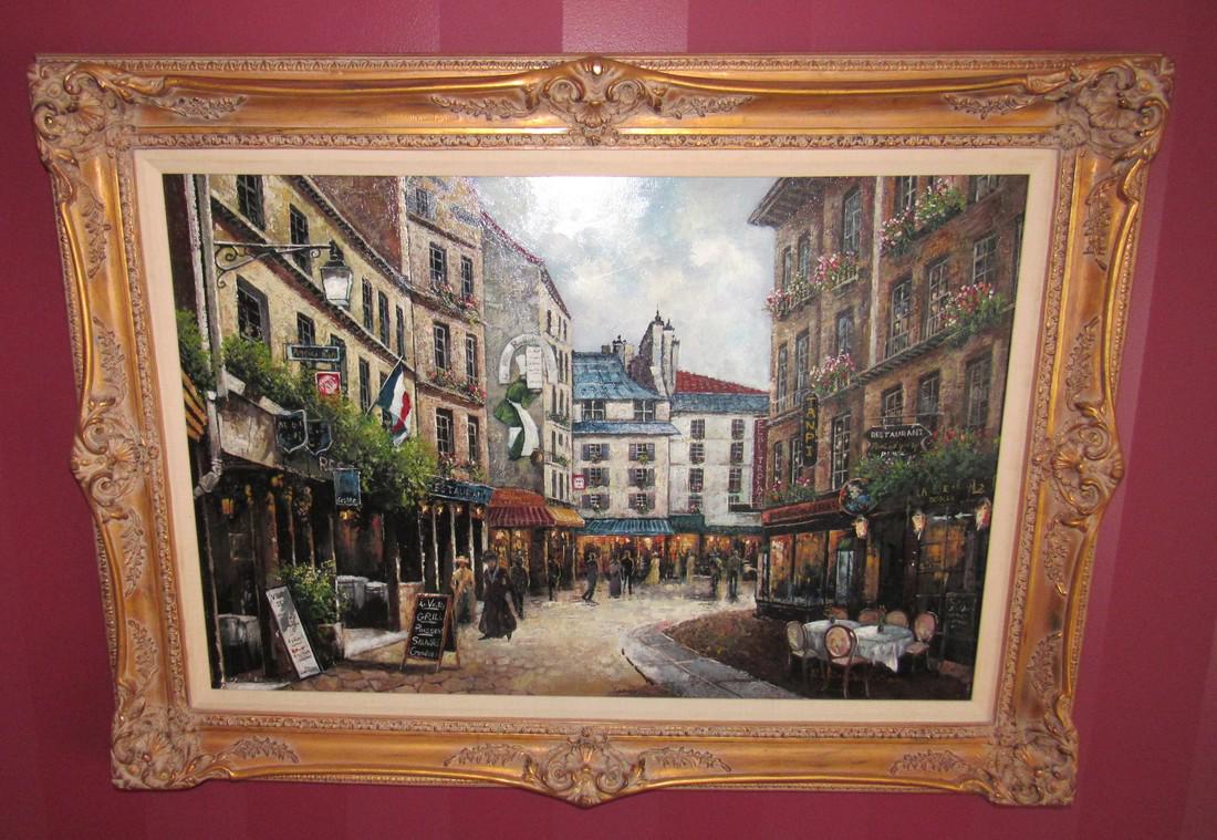 R. Roy Wilson Paris Street Scene Oil on Canvas Painting: Overall dimensions are approx 33" x 44" . Nice condition