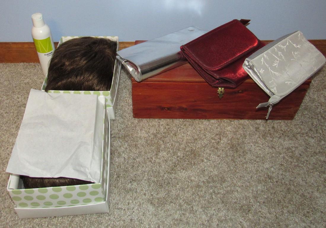 Hand Bags Wigs and Trinket Box: Box is approx 6"X 15"X 5" tall. Needs screws put in hinges