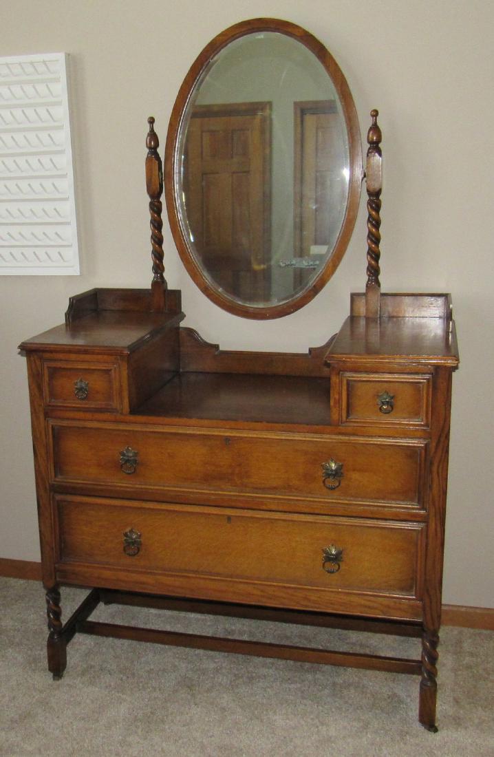 Ladies Oak Vanity Dresser: Approx 41" x 19" x 69" tall. Has two cracks in top ( on left side , as pictured)