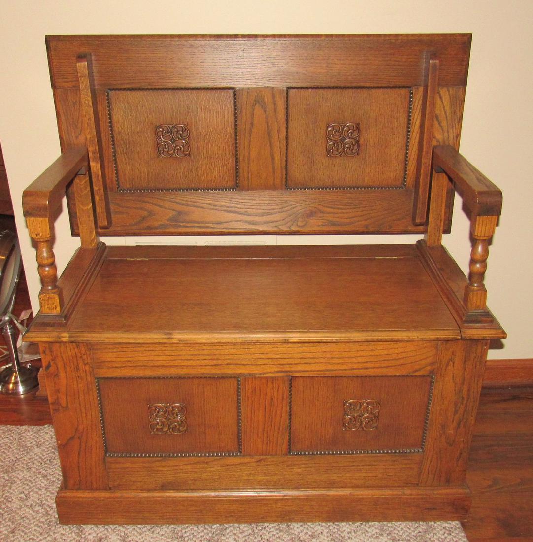 Oak Bench: Approx 18" x 36" x 38" tall. Under lid has some damage, and there is no bottom.