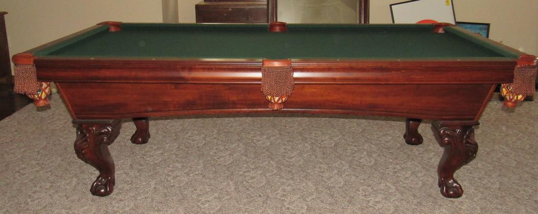 Brunswick Mahogany Pool Table with Queen Anne Legs: Diamond Insights and quilted chestnut cover. Measurements are approx 53 1/2" x 98" x 32" tall. Very nice condition. BUYER MUST REMOVE FROM SECOND FLOOR !