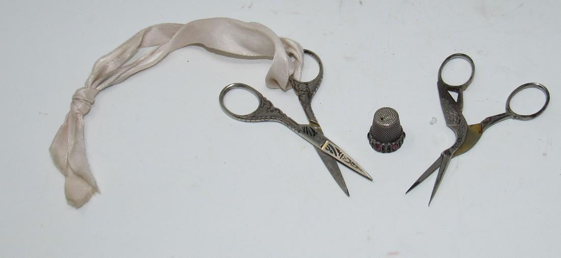 Stahl Toledo Scissors and Thimble: Scissors are approx 3 3/4" long. Thimble could be sterling ( sold as pictured)