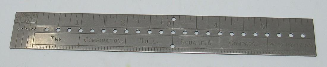 1891 Combination Rule and Square Compass: 6" long