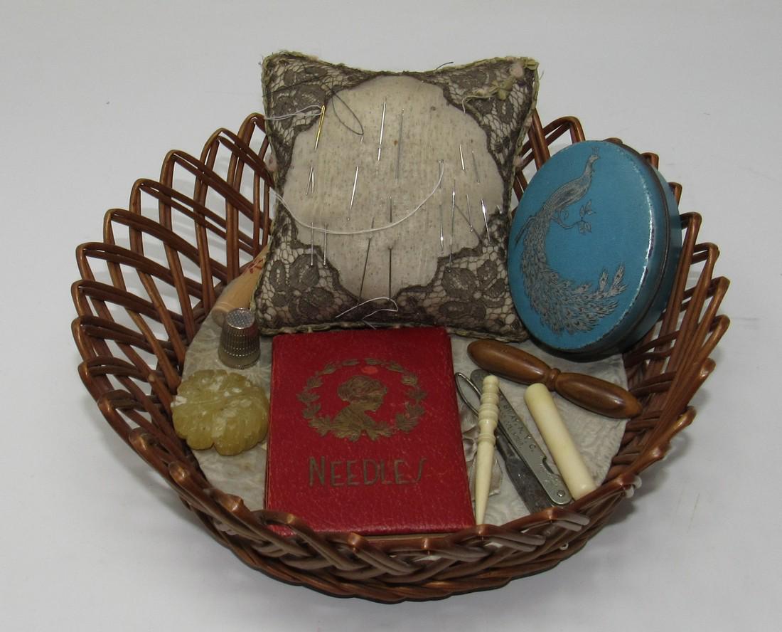 Sewing Basket Pin Cushion Needle Case Thimble File: Getting all pictured. Sewing case has damage. Basket is approx 9 1/4" in diameter