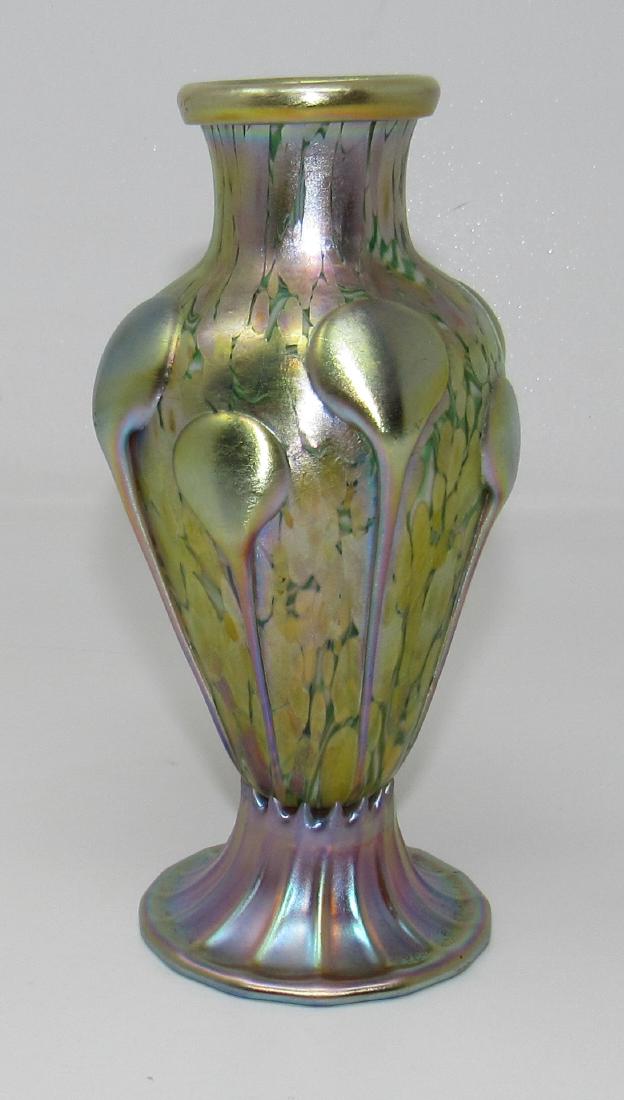 Quezal Iridescent Vase with Applied Decoration and Base: Approx 3" in diameter and 6 5/8" tall