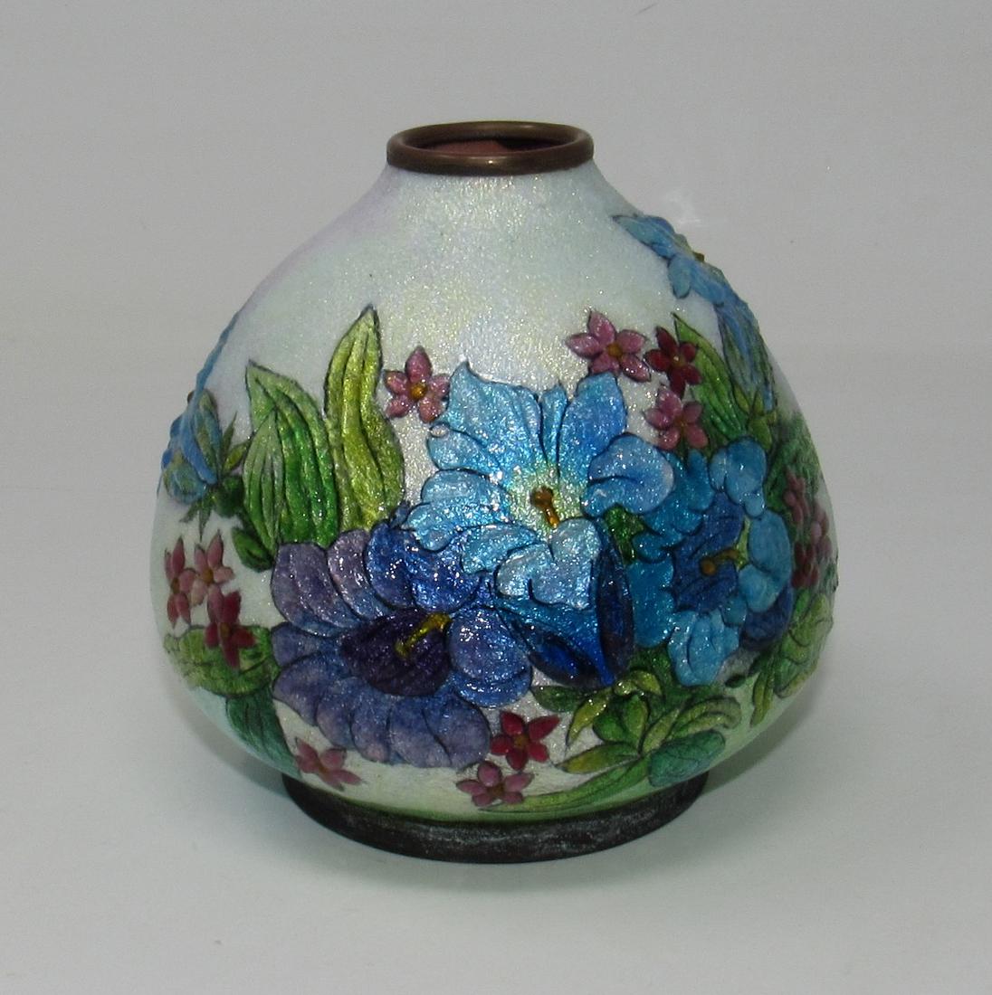 Camille Faure Limoges Brass Enameled Vase with Bouquet: Approx 4 3/4" tall and 4 1/2" in diameter. Signed
