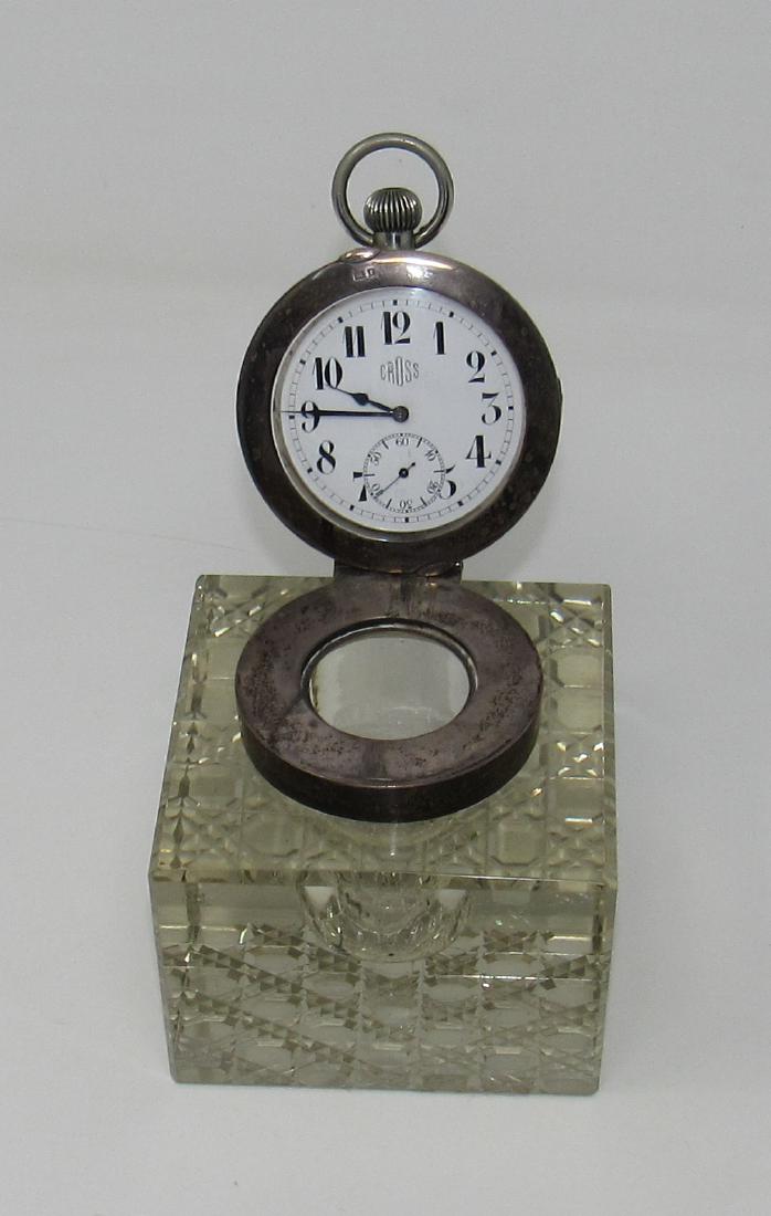 Cross Clock Inkwell: Approx 4" square, 4 1/4" tall. Clock is approx 3" in diameter and sold in untested condition.