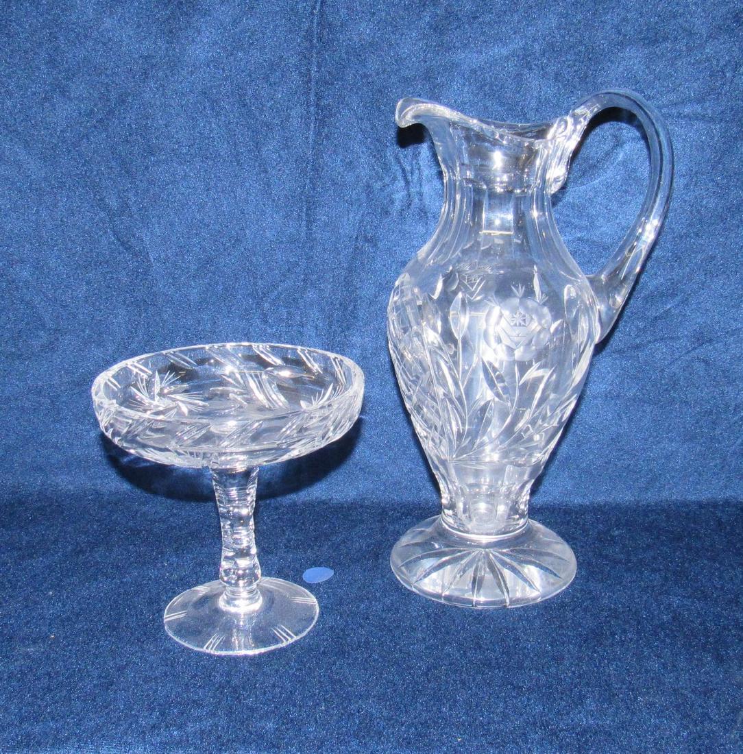 Pitcher and Compote: Pitcher is approx 11" tall, with applied handle. Possibly Webb ? Sold as is.