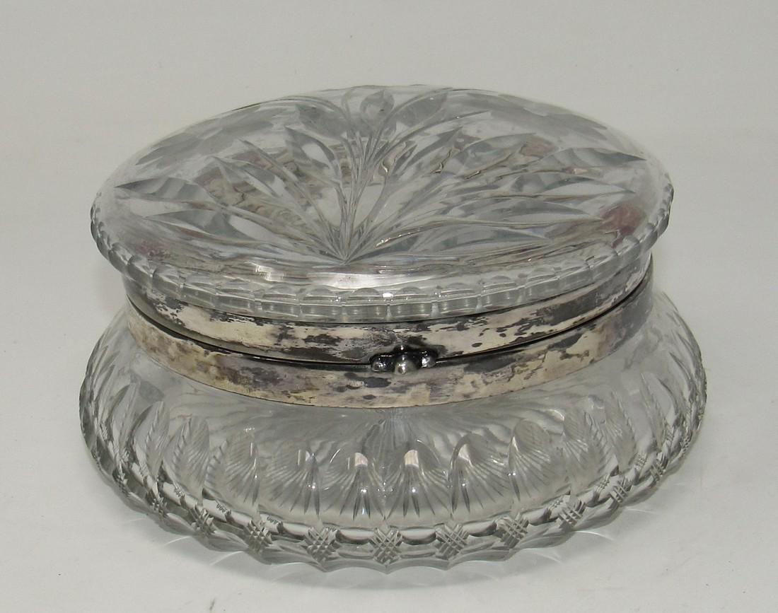 Cut and Etched Glass Dresser Box Jar: Approx 7 1/2" in diameter and 4" tall.