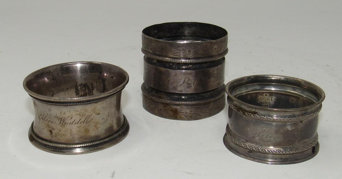 Gorham Sterling Silver Napkin Ring Holder: Getting all 3 pictured. The Gorham one is the only one we found a Sterling mark on. Approx. weight of that is 10 grams. The other 2 look like sterling , but we do not guarantee it. Total weight of the