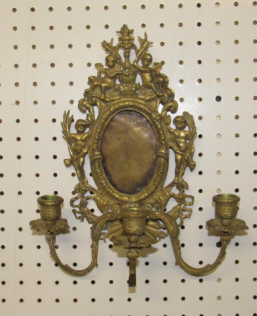 Brass Cherubs Candle Wall Sconce with Picture Frame: Approx 11 1/4" x 11 3/4" tall.