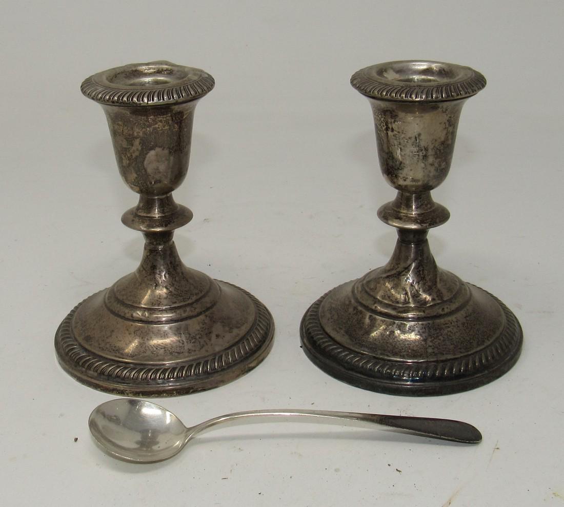 Sterling Silver Weighted Candle Holders and Spoon: Total weight is approx 710 grams ( remember these are weighted ) !