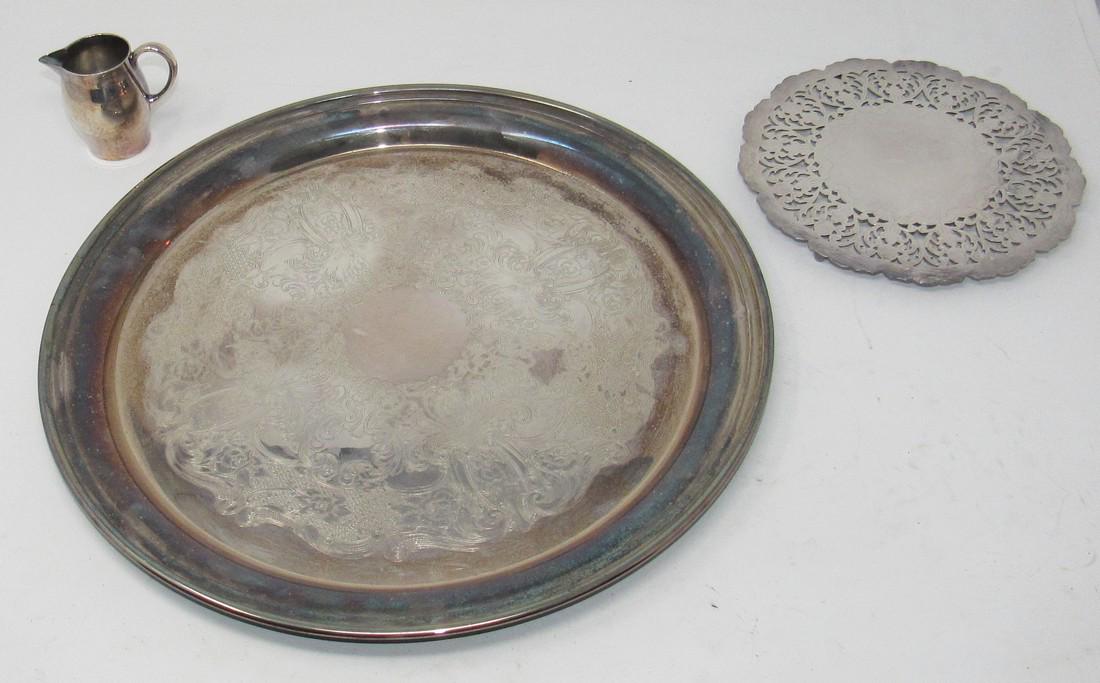 Wallace Silverplate Platter Creamer and Trivet: Platter is approx 14 1/4" in diameter. Creamer is Reed and Barton, trivet is not marked