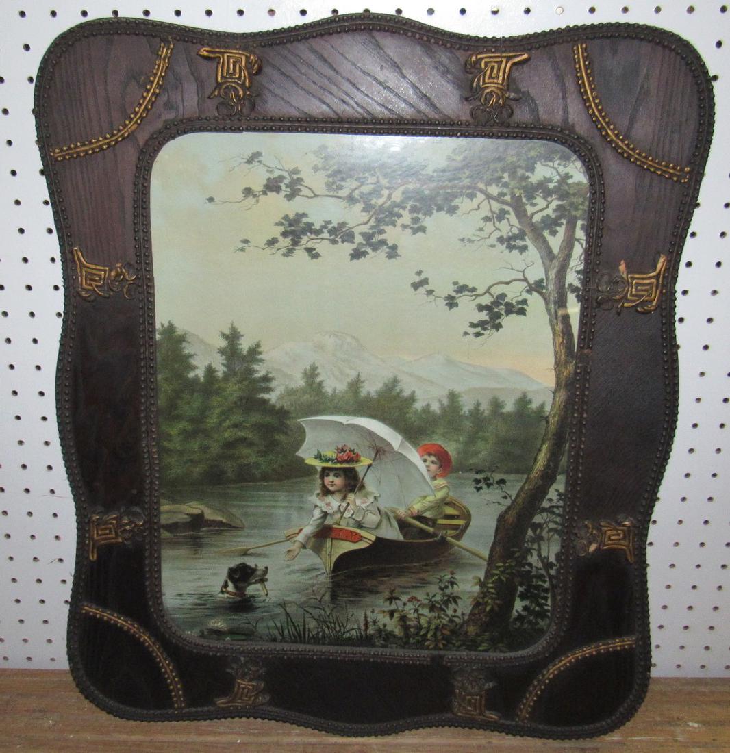 Victorian Boy and Girl in Boat and Dog Swimming Print: Approx 21 1/2" x 24 1/2"