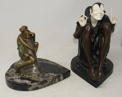 Hugger Erotic Bronze Attr Bruno Zach Art Deco Erotica: Approx. 7 1/2" x 10" x 12" tall. The jester sits on the base and lifts off, to reveal the "Hugger".