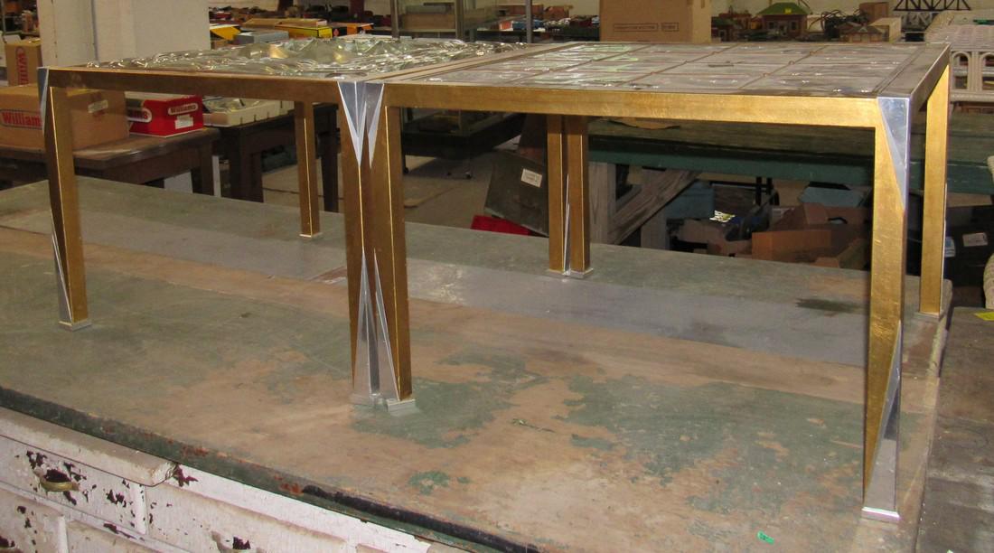 2 Unusual Mid Century Modern Tables Leaded Glass Tops: Approx 27" square and 18" tall, brass finish