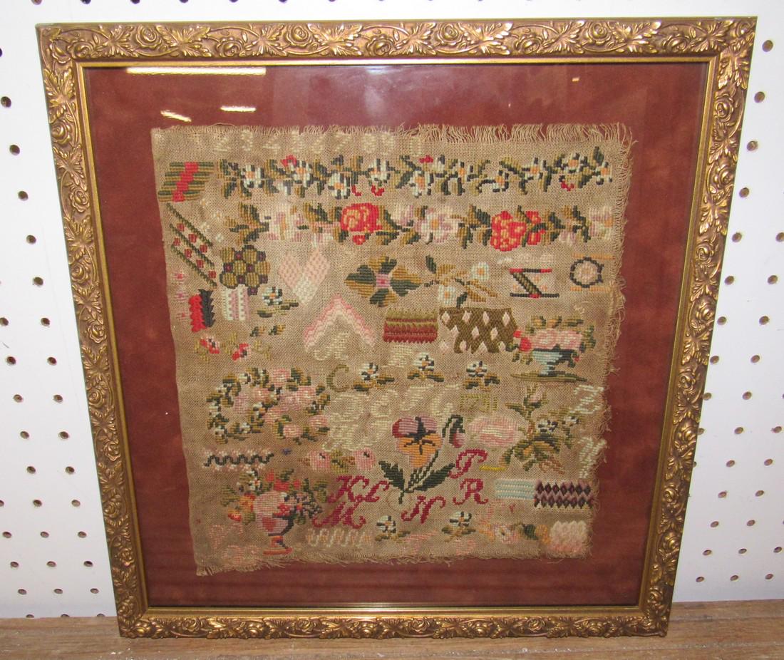 Framed 1751 Sampler: Approx 14" x 15"
