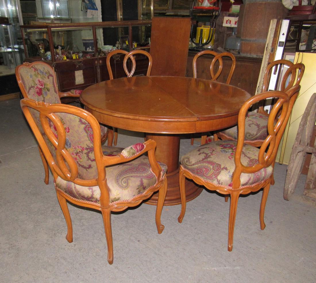 Pedestal Table and 6 Greenbaum Chairs: Table is approx 48" in diameter and comes with a 22" leave. 6 Chairs included, 2 are arm chairs