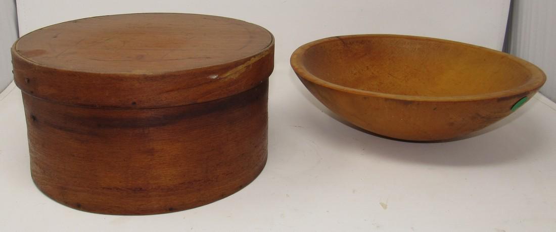 Pantry Box and Wooden Bowl: Pantry box is apprx 9 3/4" in diameter and 5" tall