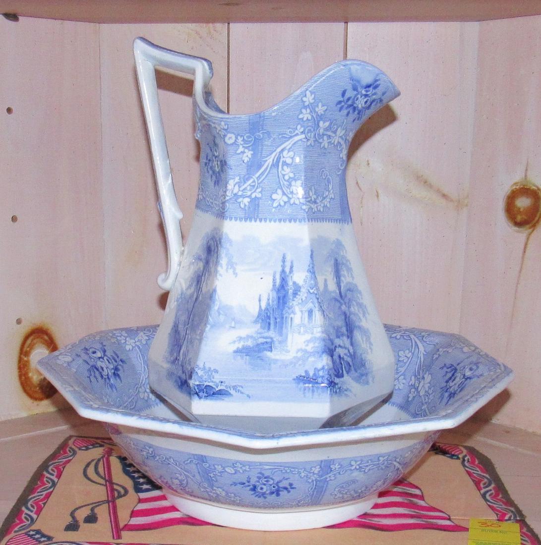 Friburg Davenport Transferware Ironstone Bowl Pitcher: Bowl is approx 14 3/4" in diameter and pitcher is 13 1/4" tall.