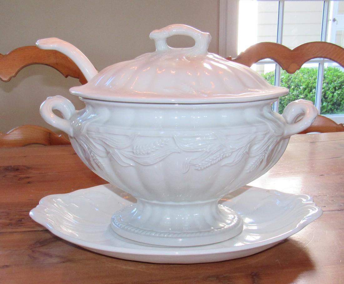 Red Cliff Ironstone Tureen with Adams Under Plate: Tureen is apprx 7 3/4" x 14" x 11" tall