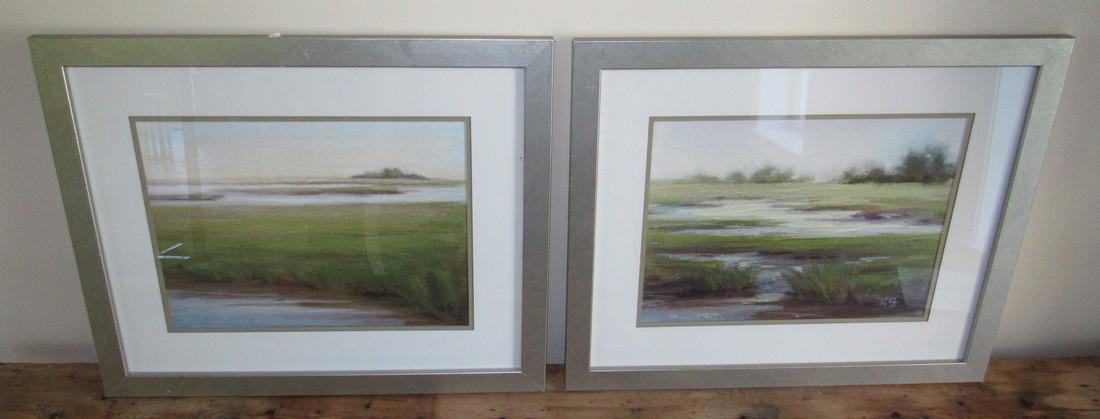 2 Water / Marsh Scene Watercolor Paintings Signed KS: Approx 18" x 22"