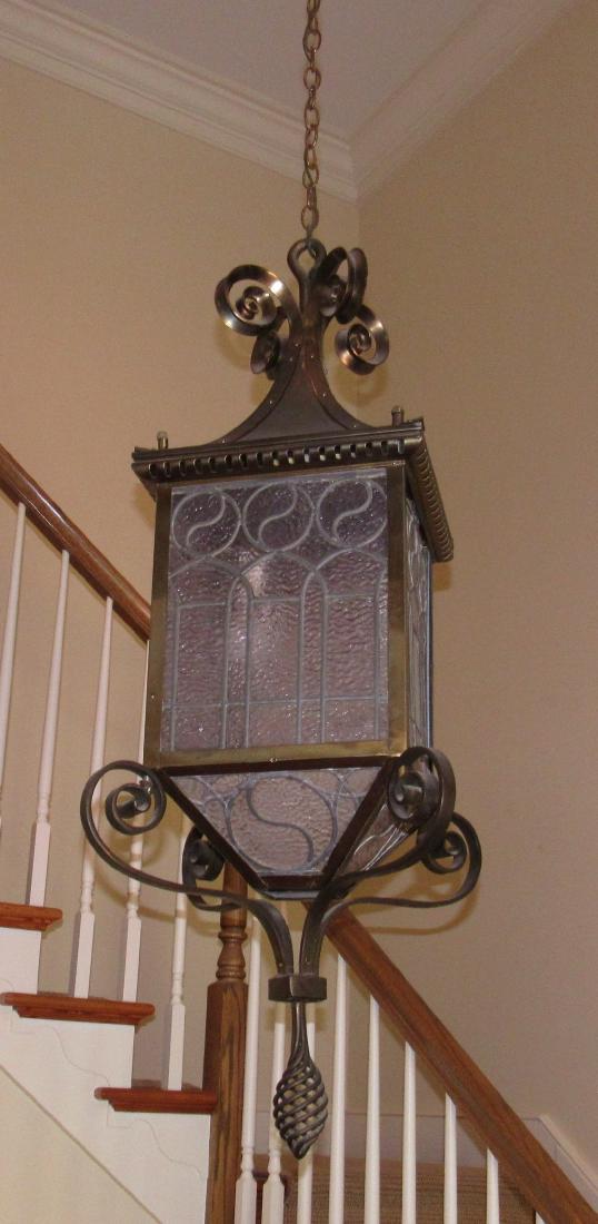 John Williams Griggs Brass Foyer Light w/ Leaded Glass: Approx 22" across and 48" tall. Belonged to John Griggs Governor of NJ in 1895 and 1989 Attorney General un McKinley